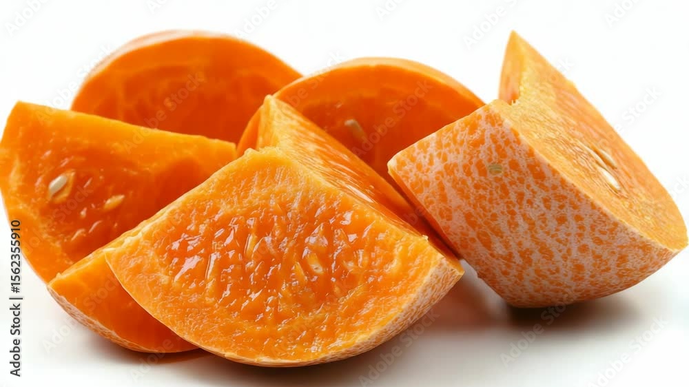 Juicy orange fruit slices with unusual texture resembling pumpkin flesh, close-up photo on white background, concept of hybrid food