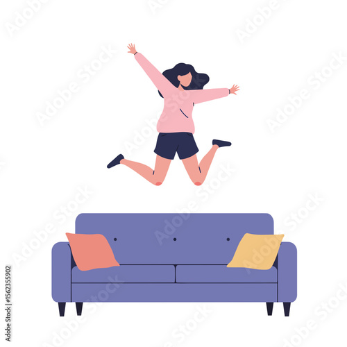 Girl jumping on couch in playful mood with colorful cushions  