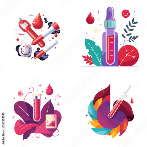 Blood test with vial and medical tools in colorful illustration   on a transparent background  