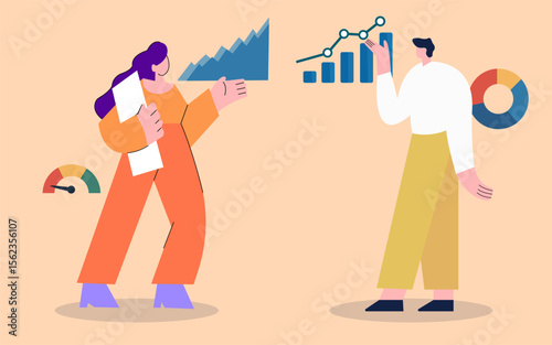 Vector cartoon illustration of business people, a man and woman in an office silhouette