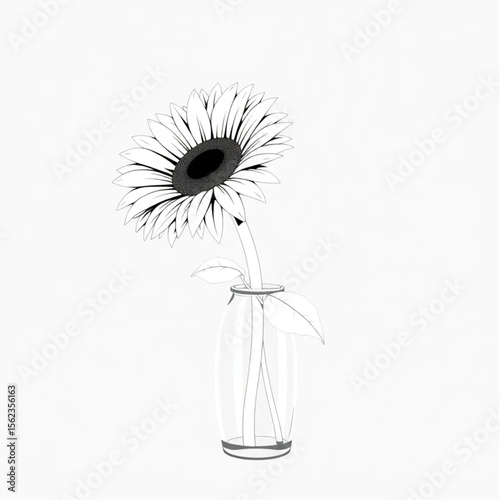 A single sunflower in a clear glass vase