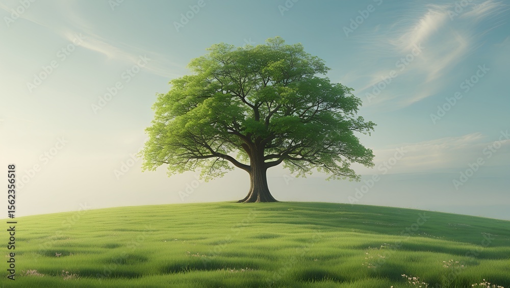 Obraz premium Single Tree on a Grassy Plain Under a Pale Sky