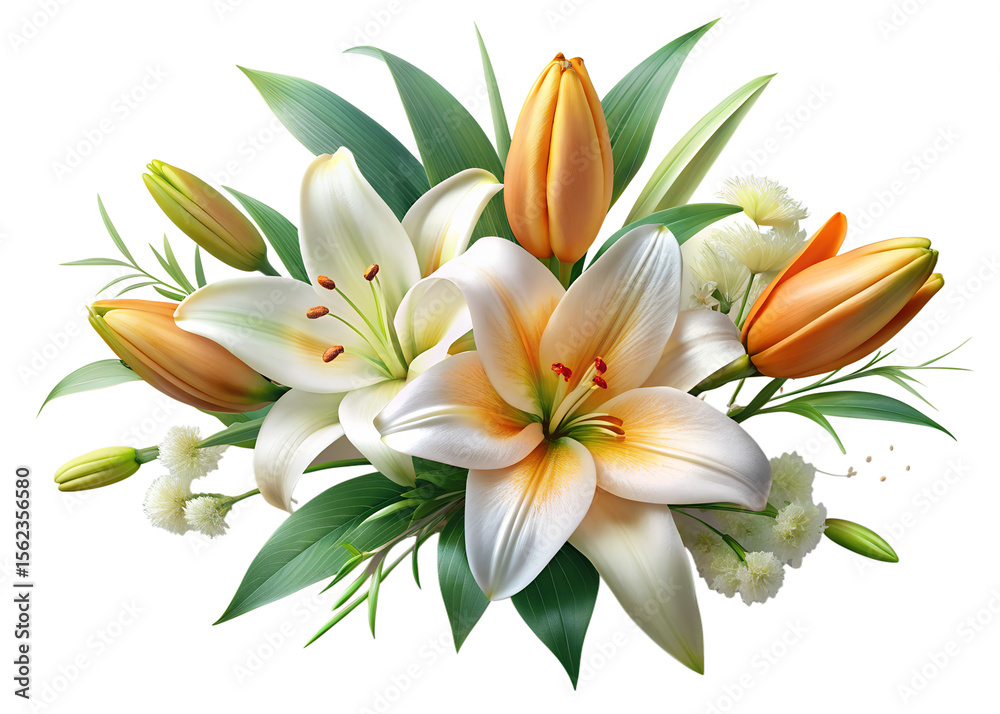 Fototapeta premium A beautiful bouquet of white and orange lilies isolated on transparent background