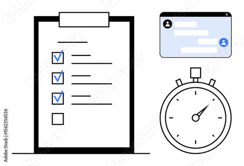 Checklist with marked tasks, stopwatch for timing, and chat window for collaboration. Ideal for productivity, planning, teamwork, task management, accountability, efficiency and a simple landing