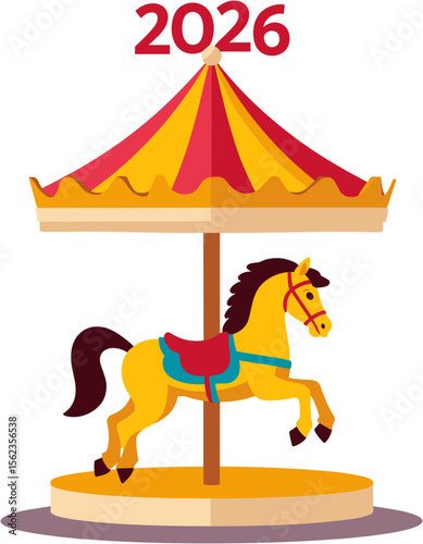Carousel horse illustration with red and yellow colors for 2026  