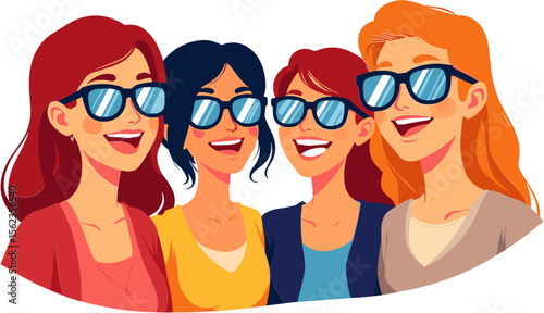 Group of four smiling women wearing sunglasses and having fun  