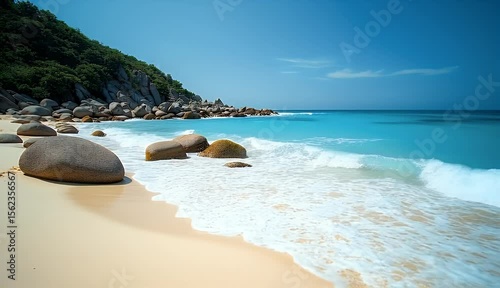 Coastal Seascape with Boulders and Azure Ocean Waves 