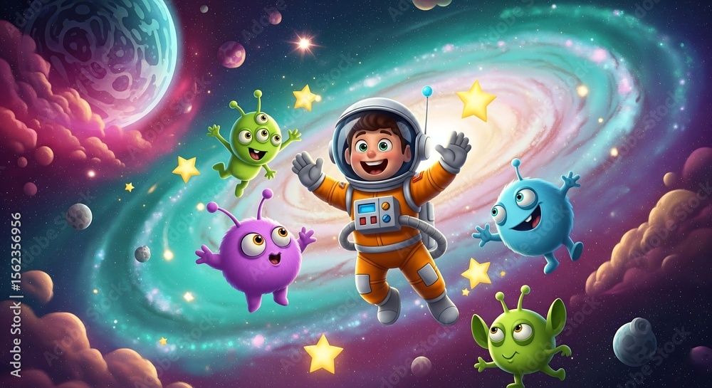 Naklejka premium Cartoon astronaut and friendly aliens exploring a vibrant galaxy filled with stars and planets illustration