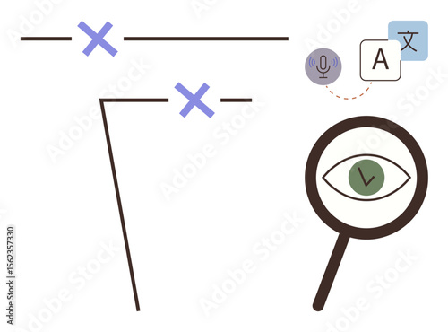 Magnifying glass with an eye, translation interface elements, and text symbols. Ideal for language learning, translation, speech recognition, text analysis, accessibility, search simple flat