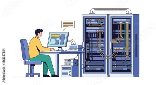 System administrator working hard on a computer server network