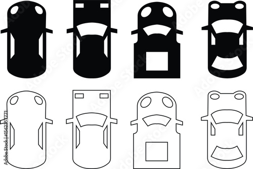 Cars icon set from above, top view isolated. Modern urban civilian vehicle. View from bird's eye. Realistic design. Flat style vector. traffic, automobile transportation. Transport service concept.