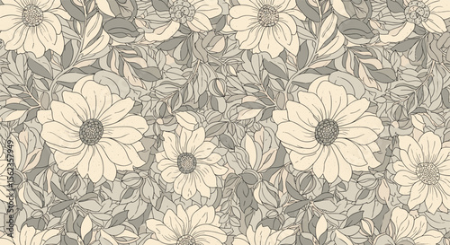 Floral pattern with dense blossoms in black and white
