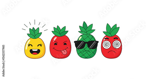 Colorful pineapples with funny faces and creative expressions