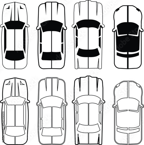 Cars icon set from above, top view isolated. Modern urban civilian vehicle. View from bird's eye. Realistic design. Flat style vector. traffic, automobile transportation. Transport service concept.