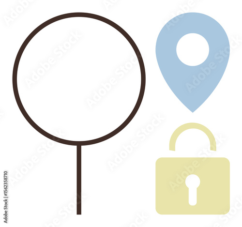 Magnifying glass for search, blue location pin for navigation, and yellow padlock for security form a clean design. Ideal for technology, privacy, online safety, exploration, global positioning, data
