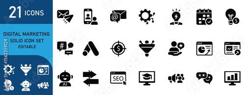 Digital marketing icon set featuring advertising, SEO, strategy, promotion, content, analytics, mobile, campaign, branding, engagement, and growth tools.