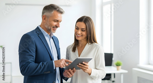Smiling Professional Man and Woman Looking at Tablet in Bright Office