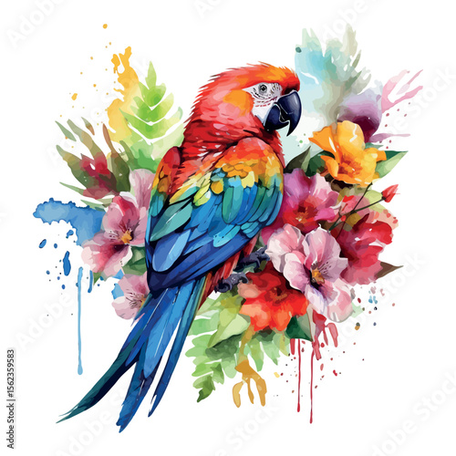 A colorful blue and yellow macaw, a tropical parrot, perches on a branch with vibrant feathers