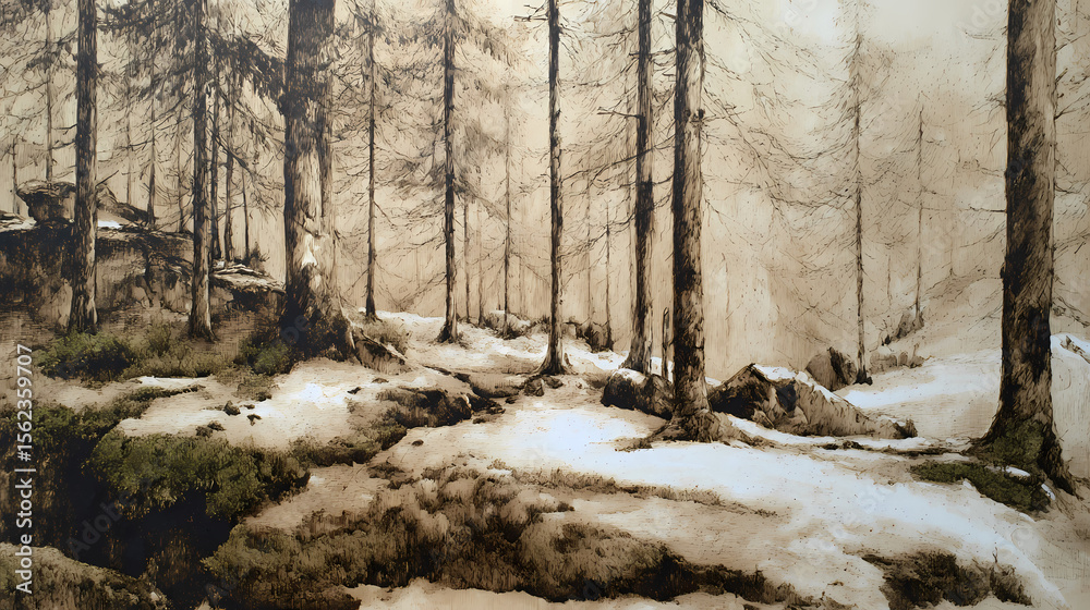 Naklejka premium visual essay on winter memory | cycles beneath frost | reverent solitude | moss green and bark brown | layered horizontal depth | snow-veiled branches | moss-like texture rendering | fine charcoal