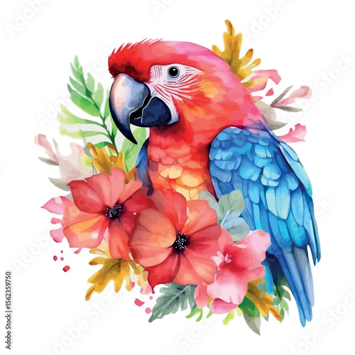 A vibrant red and yellow macaw perches on a branch, a colorful tropical bird with striking feathers