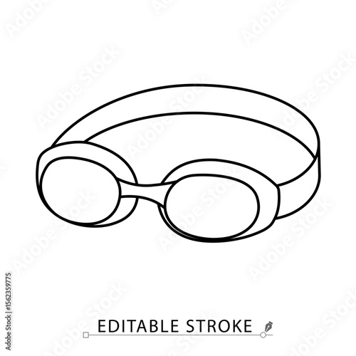 Swimming goggles icon in minimalist style with editable stroke. Pool accessory, underwater vision tool, swim gear, eye protection, sports equipment, outline object, vector line illustration.