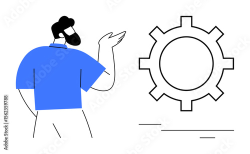 Man gesturing toward a gear, representing teamwork, process improvement, innovation, technical support, collaboration, workflow optimization, and problem-solving. Minimalist flat metaphor