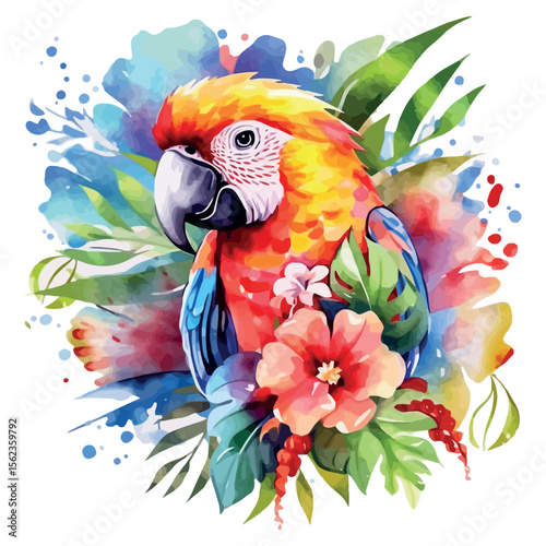 Colorful cartoon tropical parrot with vibrant feathers on a branch
