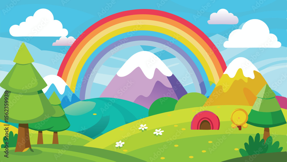 Fototapeta premium Cartoon Landscape with Rainbow, Mountains, Trees, Tent, Flowers, and Clouds in a Cheerful Scene