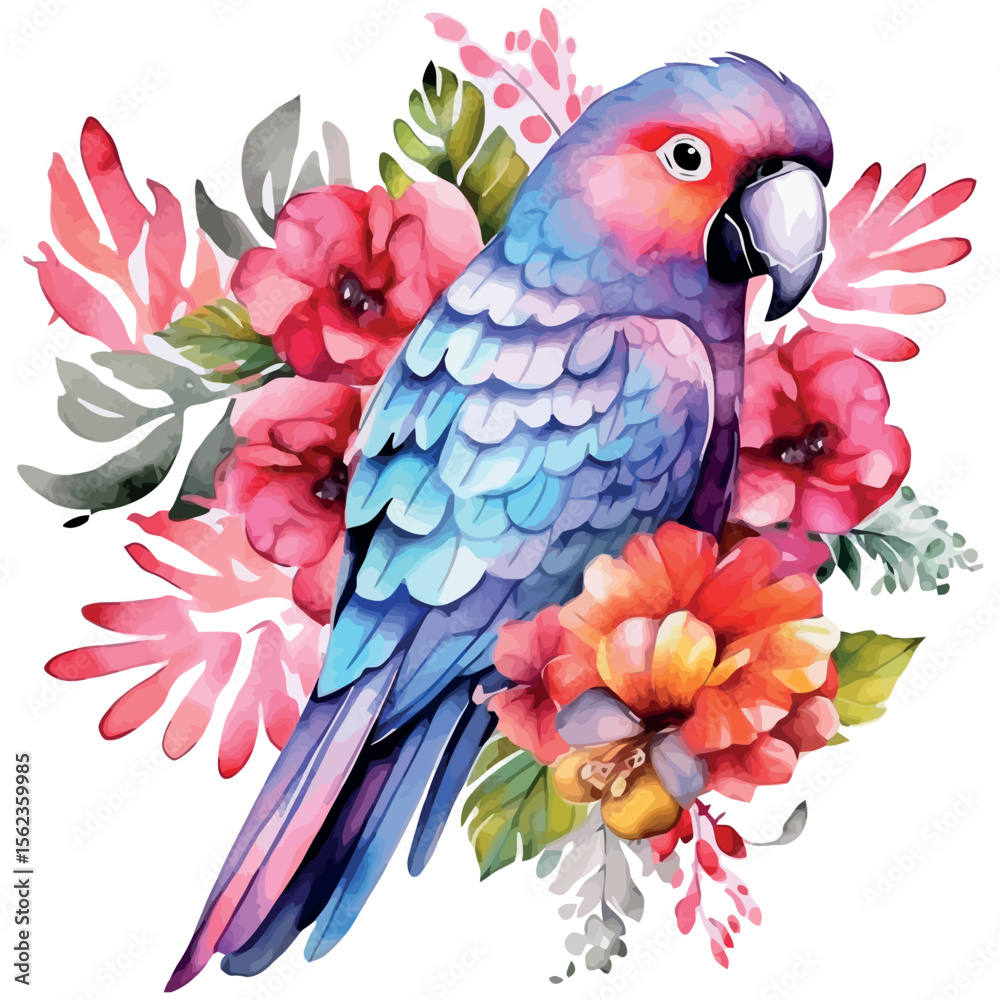Fototapeta premium Colorful parrots perch on a jungle branch, a vibrant vector illustration of exotic tropical birds