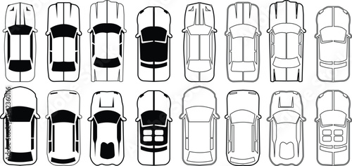 Cars icon set from above, top view isolated. Modern urban civilian vehicle. View from bird's eye. Realistic design. Flat style vector. traffic, automobile transportation. Transport service concept.