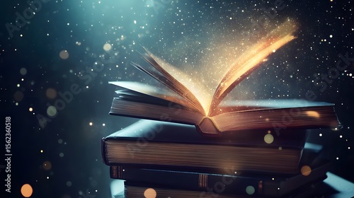 Digital illustration of a book bursts with golden light against a dark, starry background.