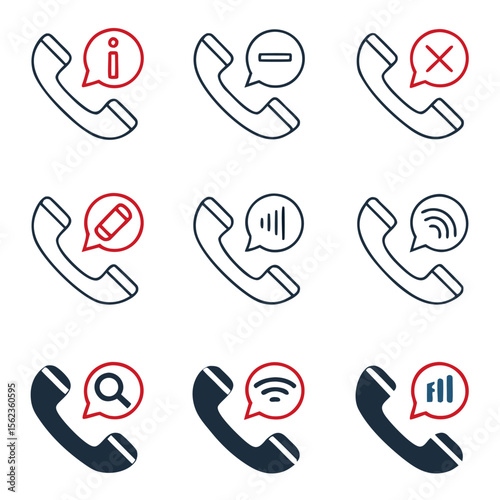 Collection of telephone icons with various speech bubble notifications including information minus cancel edit signal strength search and wi fi symbols