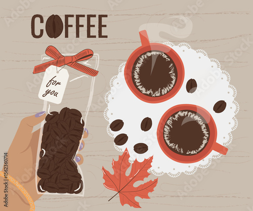 Coffee. Art for International Coffee Day. Hand holding a gift bag with coffee beans. Two cups of hot coffee stand on the table. Template for banner, poster or invitation

