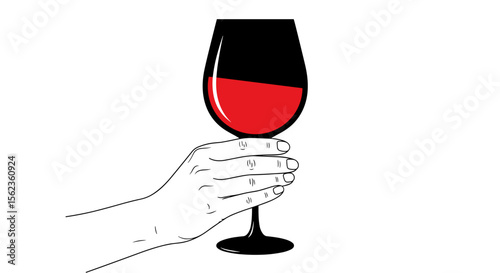 Hand holding red wine glass half full on white background
