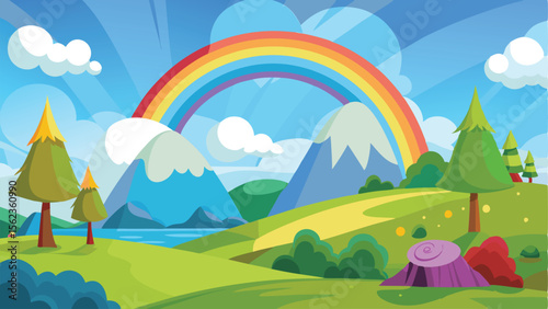 Cartoon Landscape Featuring Mountains, Rainbow, Clouds, Trees, and Green Hills Illustration Art