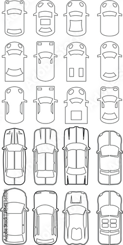 Cars icon set from above, top view isolated. Modern urban civilian vehicle. View from bird's eye. Realistic design. Flat style vector. traffic, automobile transportation. Transport service concept.
