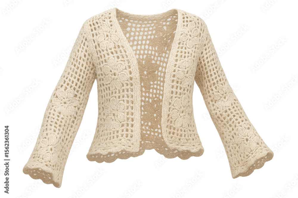 Obraz premium Elegant beige crochet cardigan isolated on transparent background for design