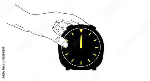 Hand adjusting black alarm clock with yellow hands on white background