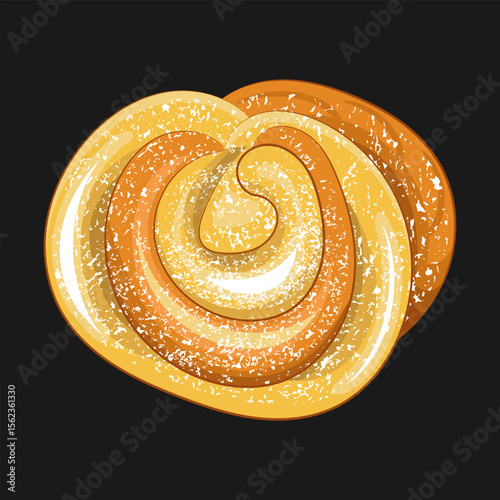 Ruddy bun with powdered sugar. Black background. Vector illustration