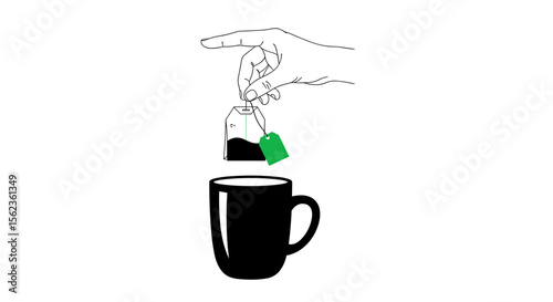 Hand dipping green tea bag into black cup on white background