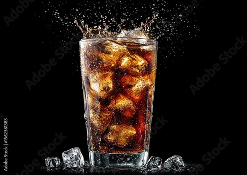 Iced cola splashing in a chilled transparent glass with fizzy bubbles and ice cubes on black background, ideal for refreshing drink promotions or summer ads. High quality