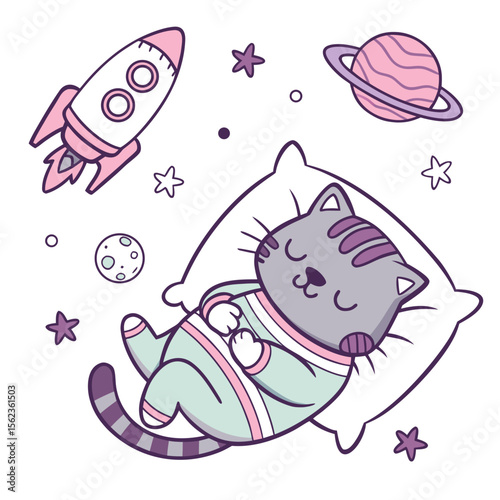 Playful Content Sleeping cat design, styled with hugging a pillow and Starlight Mix shades in a Galaxy Dreams setting