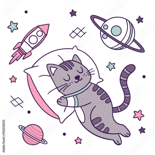 Playful Content Sleeping cat design, styled with hugging a pillow and Starlight Mix shades in a Galaxy Dreams setting