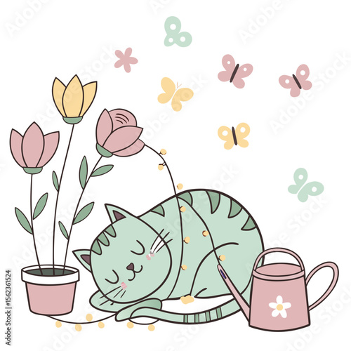 Spring Garden colored Sleeping cat with a Gentle touch, placed in a Spring garden theme and styled with wrapped in fairy lights