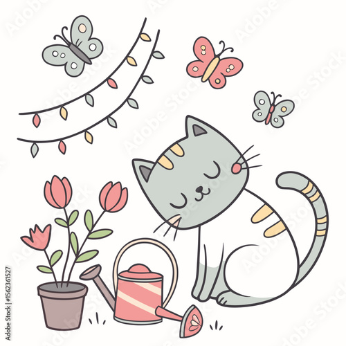 Spring Garden colored Sleeping cat with a Gentle touch, placed in a Spring garden theme and styled with wrapped in fairy lights