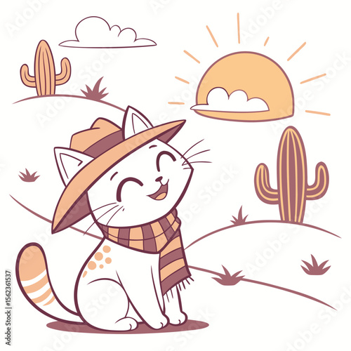 Joyful Sleeping cat with with a scarf, set in a charming Desert sunset theme – Sundown Glow color vector art