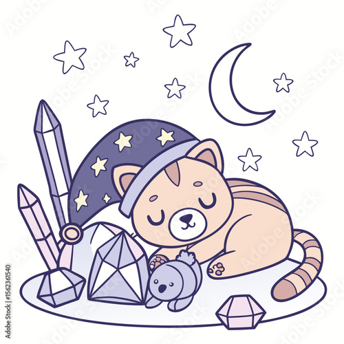 Vector illustration of a Curious Sleeping cat with with a stuffed animal, styled in a Starry night theme using Magical Night colors