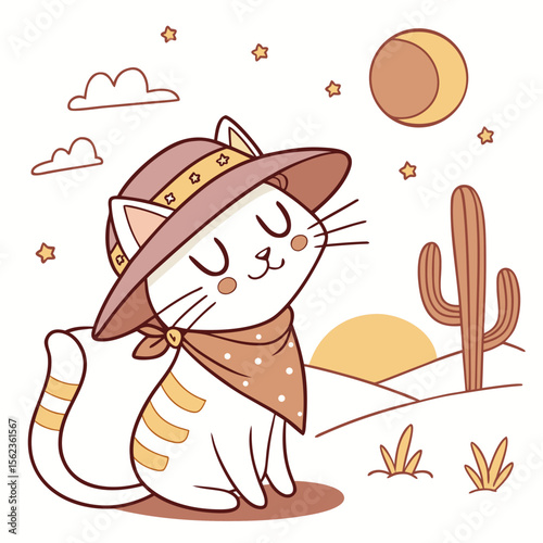 Joyful Sleeping cat with with a scarf, set in a charming Desert sunset theme – Sundown Glow color vector art