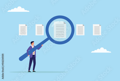 Vector illustration of a businessman analyzing a document with a large magnifying glass, symbolizing thorough inspection, data analysis, and precise business analysis

