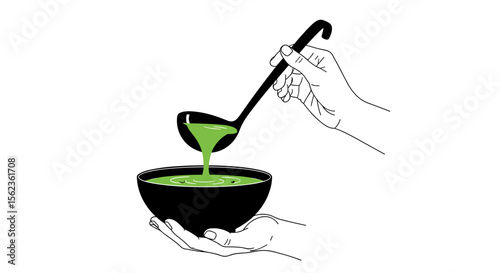 Hands using ladle to serve green soup from black bowl on white background